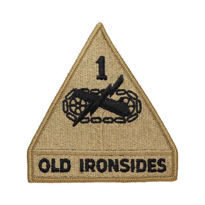 US Army 1st Armored Division OLD IRONSIDES OD Green & Black BDU patch m/e 